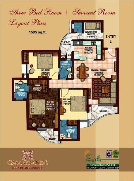 Floor plan of 3 BHK 1595 Sq. Ft. Apartment in Earthcon Casa Grande, Greater Noida