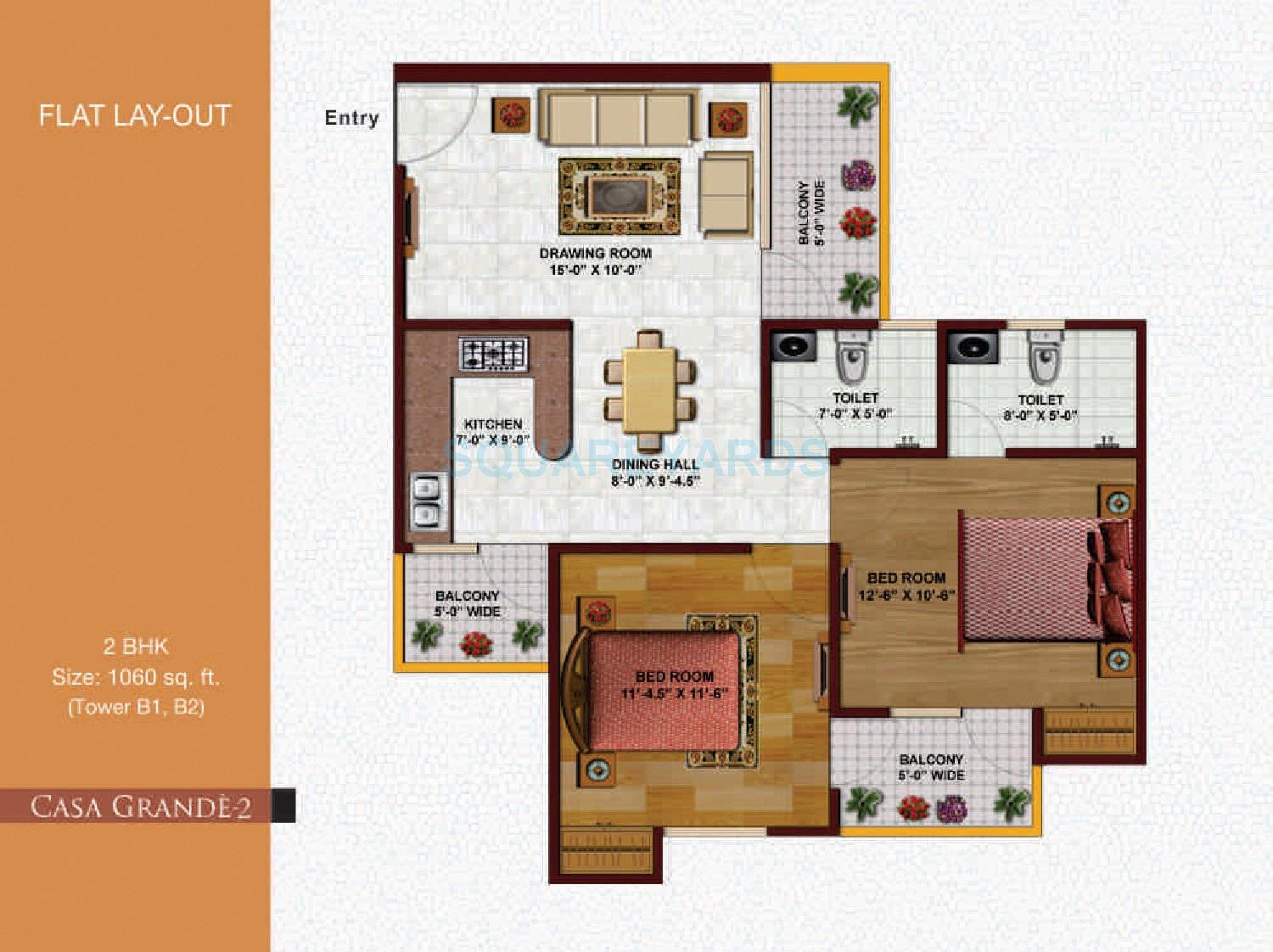 Floor plan of 2 BHK 1060 Sq. Ft. Apartment in Earthcon Casa Grande II, Greater Noida