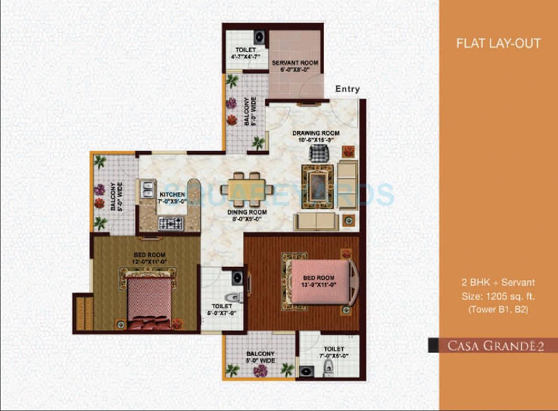 Floor plan of 2 BHK 1205 Sq. Ft. Apartment in Earthcon Casa Grande II, Greater Noida