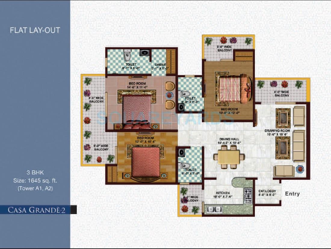 Floor plan of 3 BHK 1645 Sq. Ft. Apartment in Earthcon Casa Grande II, Greater Noida