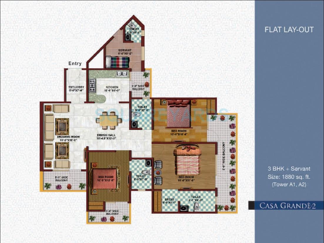 Floor plan of 3 BHK 1880 Sq. Ft. Apartment in Earthcon Casa Grande II, Greater Noida