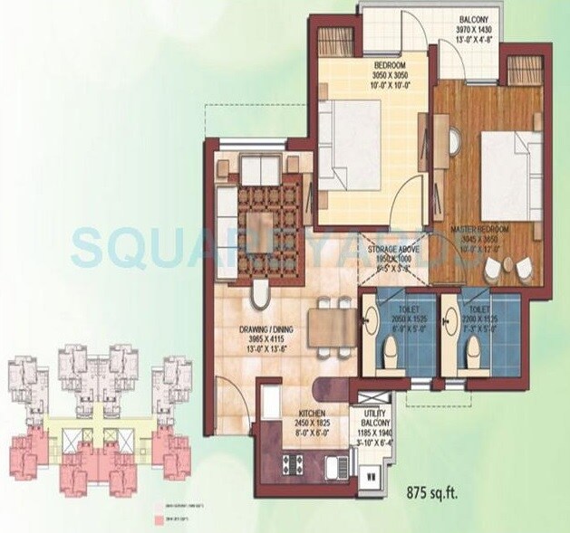 Floor plan of 2 BHK 875 Sq. Ft. Apartment in Earthcon Casa Royale II, Greater Noida
