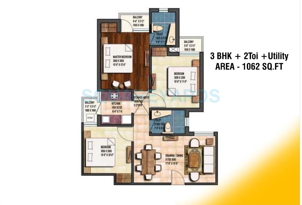 Floor plan of 3 BHK 1062 Sq. Ft. Apartment in Earthcon Sanskriti, Greater Noida