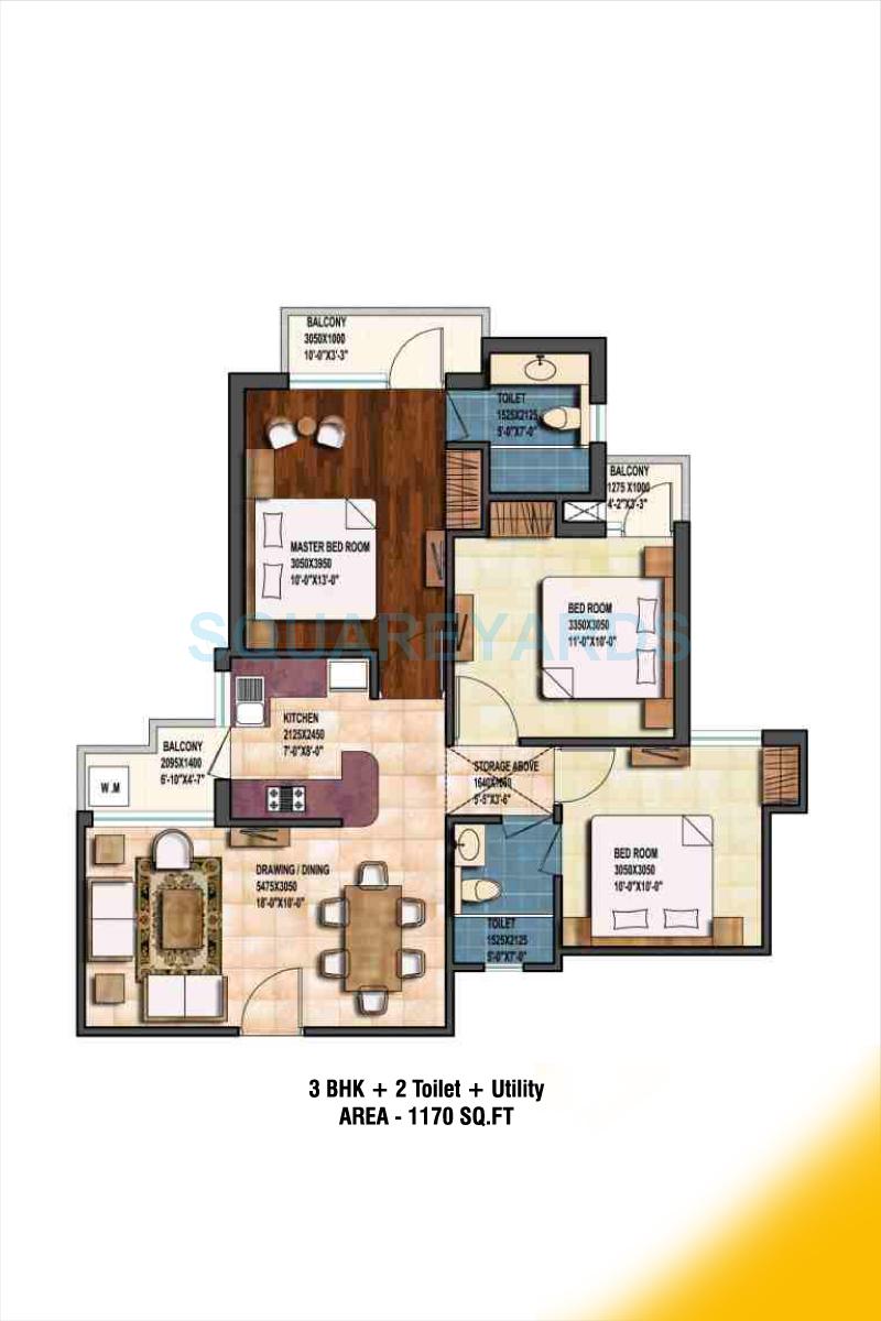 Floor plan of 3 BHK 1170 Sq. Ft. Apartment in Earthcon Sanskriti, Greater Noida