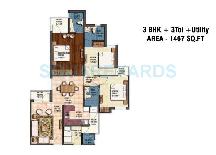 Floor plan of 3 BHK 1467 Sq. Ft. Apartment in Earthcon Sanskriti, Greater Noida