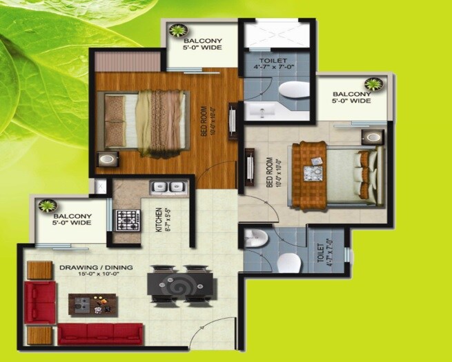 Floor plan of 2 BHK 794 Sq. Ft. Apartment in Earthcon Sparsh, Greater Noida