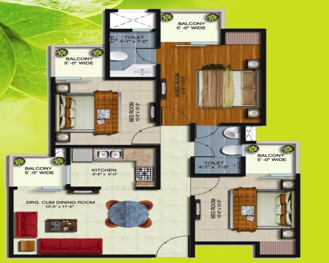 Floor plan of 3 BHK 1400 Sq. Ft. Apartment in Earthcon Sparsh, Greater Noida