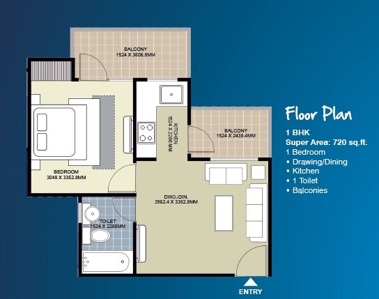 Floor plan of 1 BHK 720 Sq. Ft. Apartment in Ecnon Kings Court, Greater Noida