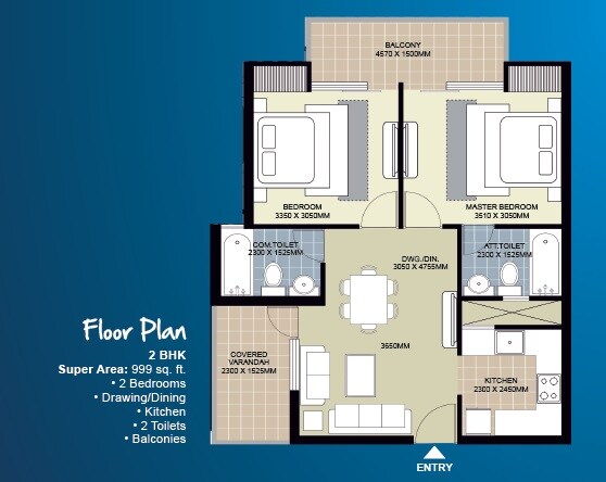 Floor plan of 2 BHK 999 Sq. Ft. Apartment in Ecnon Kings Court, Greater Noida