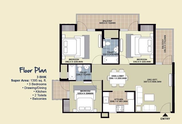 Floor plan of 3 BHK 1395 Sq. Ft. Apartment in Ecnon Kings Court, Greater Noida