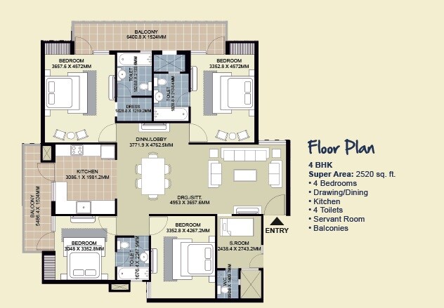 Floor plan of 3 BHK 2520 Sq. Ft. Apartment in Ecnon Kings Court, Greater Noida