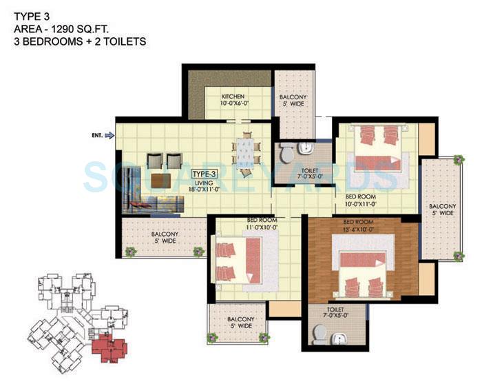 Floor plan of 3 BHK 1290 Sq. Ft. Apartment in Ekdant FNG, Greater Noida