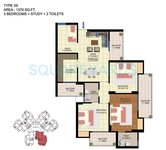 Floor plan of 3 BHK 1370 Sq. Ft. Apartment in Ekdant FNG, Greater Noida
