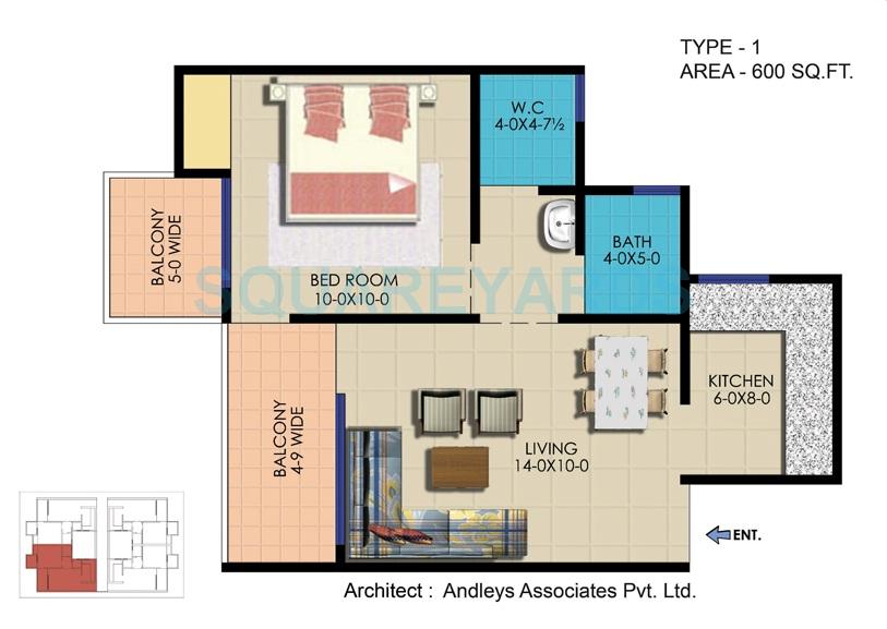 Floor plan of 1 BHK 600 Sq. Ft. Apartment in Ekdant Rawal Residency, Greater Noida