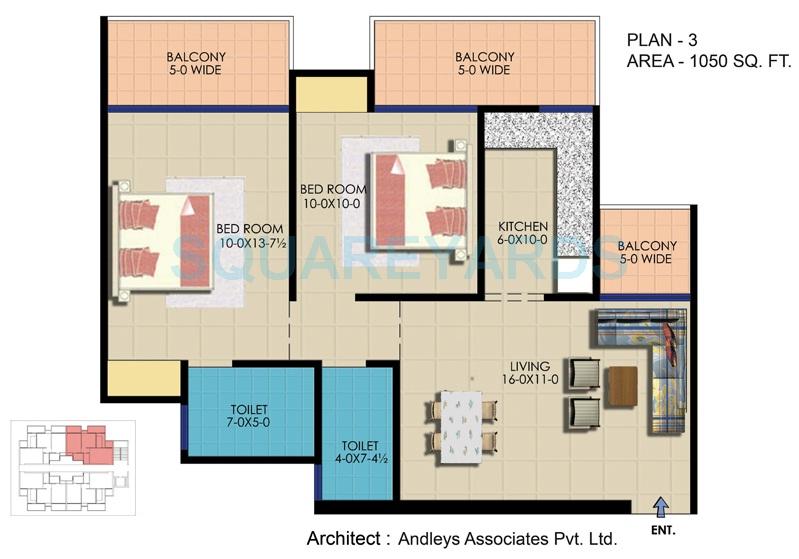 Floor plan of 2 BHK 1050 Sq. Ft. Apartment in Ekdant Rawal Residency, Greater Noida