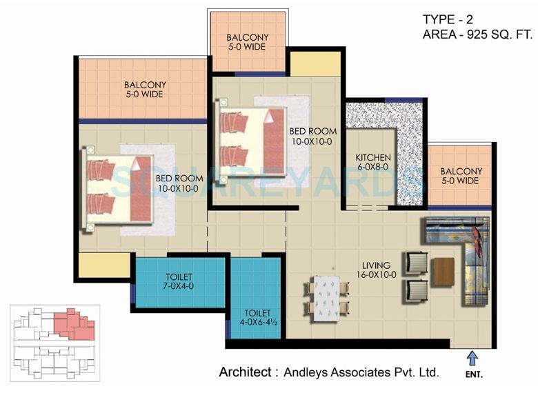 Floor plan of 2 BHK 925 Sq. Ft. Apartment in Ekdant Rawal Residency, Greater Noida