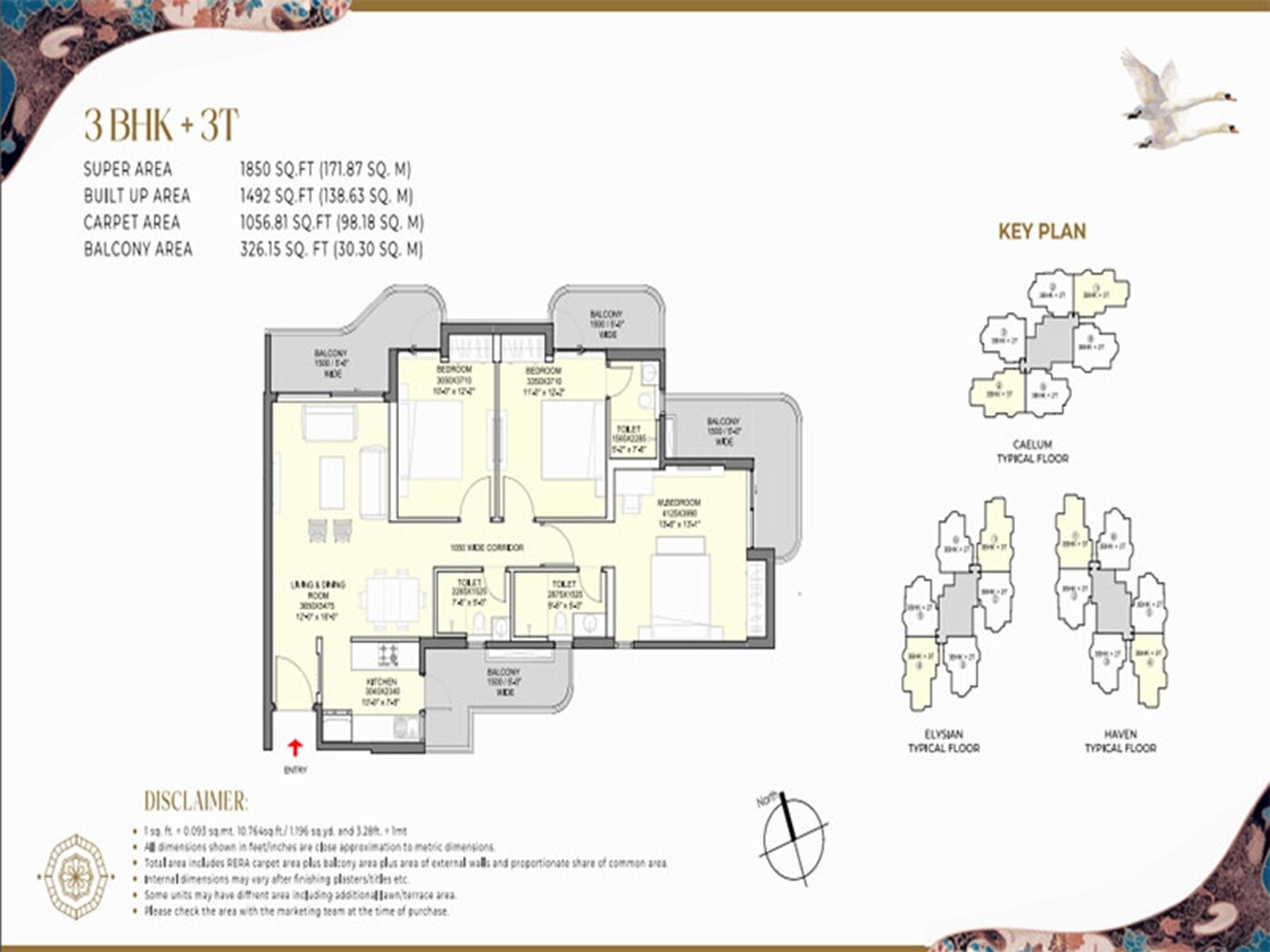 Floor plan of 3 BHK 1850 Sq. Ft. Apartment in Eldeco Echoes Of Eden, Greater Noida