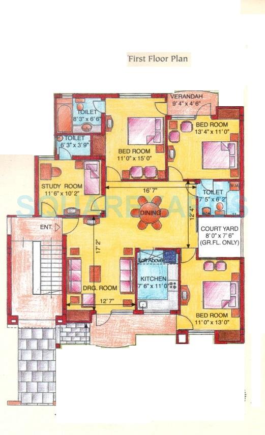 Floor plan of 3 BHK 1610 Sq. Ft. Apartment in Eldeco Green Meadows, Greater Noida