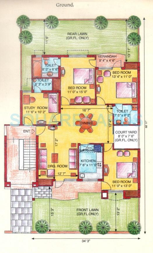 Floor plan of 3 BHK 1610 Sq. Ft. Apartment in Eldeco Green Meadows, Greater Noida