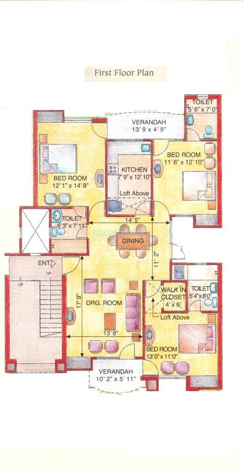 Floor plan of 3 BHK 1510 Sq. Ft. Apartment in Eldeco Green Meadows, Greater Noida