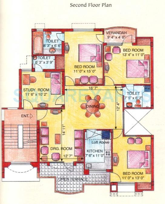 Floor plan of 3 BHK 1485 Sq. Ft. Apartment in Eldeco Green Meadows, Greater Noida