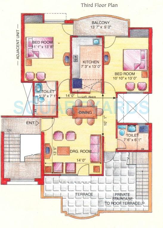 Floor plan of 2 BHK 1045 Sq. Ft. Apartment in Eldeco Green Meadows, Greater Noida