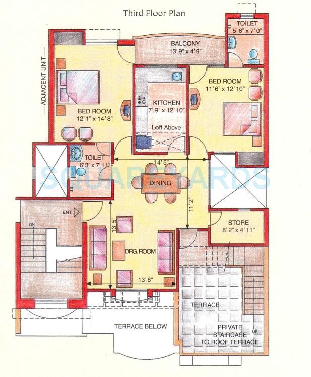 Floor plan of 2 BHK 1150 Sq. Ft. Apartment in Eldeco Green Meadows, Greater Noida