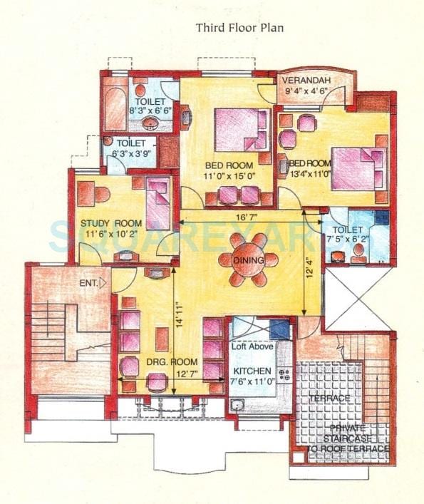 Floor plan of 2 BHK 1300 Sq. Ft. Apartment in Eldeco Green Meadows, Greater Noida