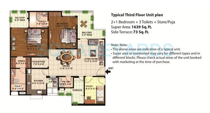 Floor plan of 2 BHK 1639 Sq. Ft. Apartment in Eldeco Mystic Greens, Greater Noida