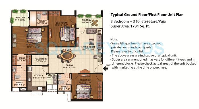 Floor plan of 3 BHK 1731 Sq. Ft. Apartment in Eldeco Mystic Greens, Greater Noida