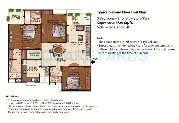 Floor plan of 3 BHK 1729 Sq. Ft. Apartment in Eldeco Mystic Greens, Greater Noida