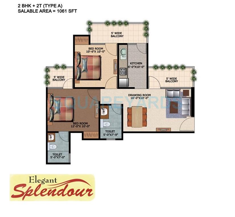 Floor plan of 2 BHK 1061 Sq. Ft. Apartment in Elegant Splendour, Greater Noida