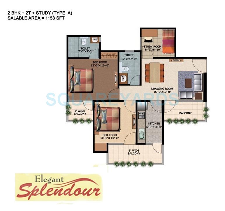 Floor plan of 2 BHK 1153 Sq. Ft. Apartment in Elegant Splendour, Greater Noida