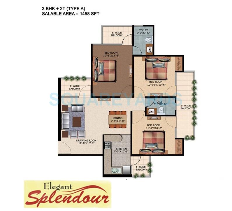 Floor plan of 3 BHK 1458 Sq. Ft. Apartment in Elegant Splendour, Greater Noida