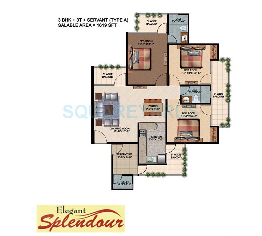 Floor plan of 3 BHK 1619 Sq. Ft. Apartment in Elegant Splendour, Greater Noida