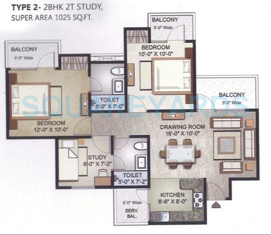 Floor plan of 2 BHK 1025 Sq. Ft. Apartment in Elegant Ville, Greater Noida