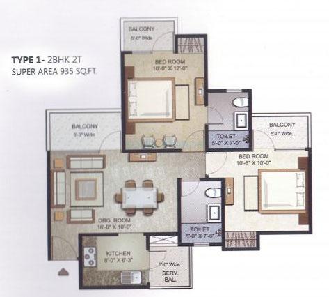 Floor plan of 2 BHK 935 Sq. Ft. Apartment in Elegant Ville, Greater Noida