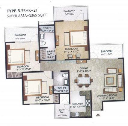 Floor plan of 3 BHK 1365 Sq. Ft. Apartment in Elegant Ville, Greater Noida
