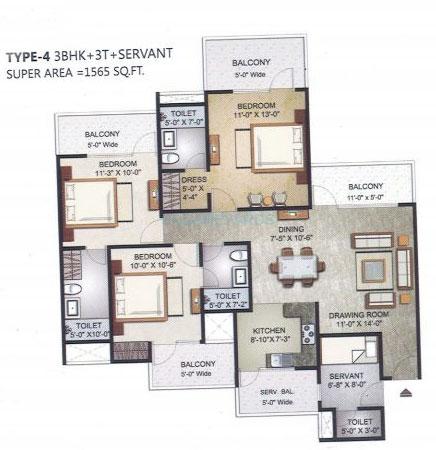 Floor plan of 3 BHK 1565 Sq. Ft. Apartment in Elegant Ville, Greater Noida