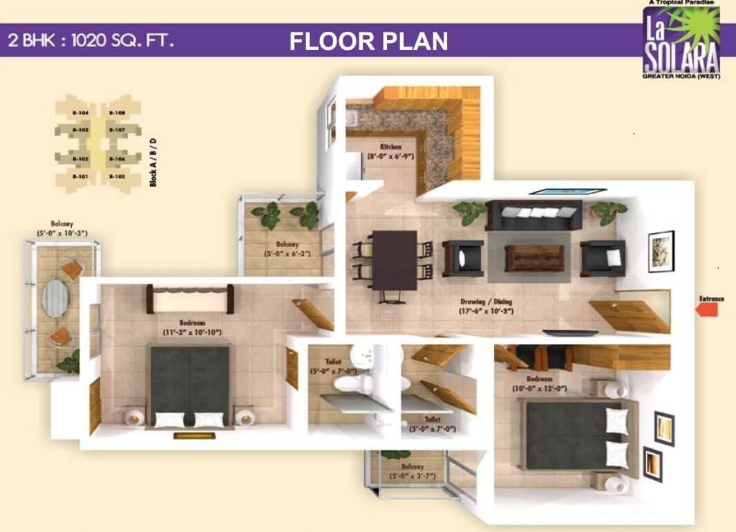 Floor plan of 2 BHK 1020 Sq. Ft. Apartment in Emenox La Solara, Greater Noida