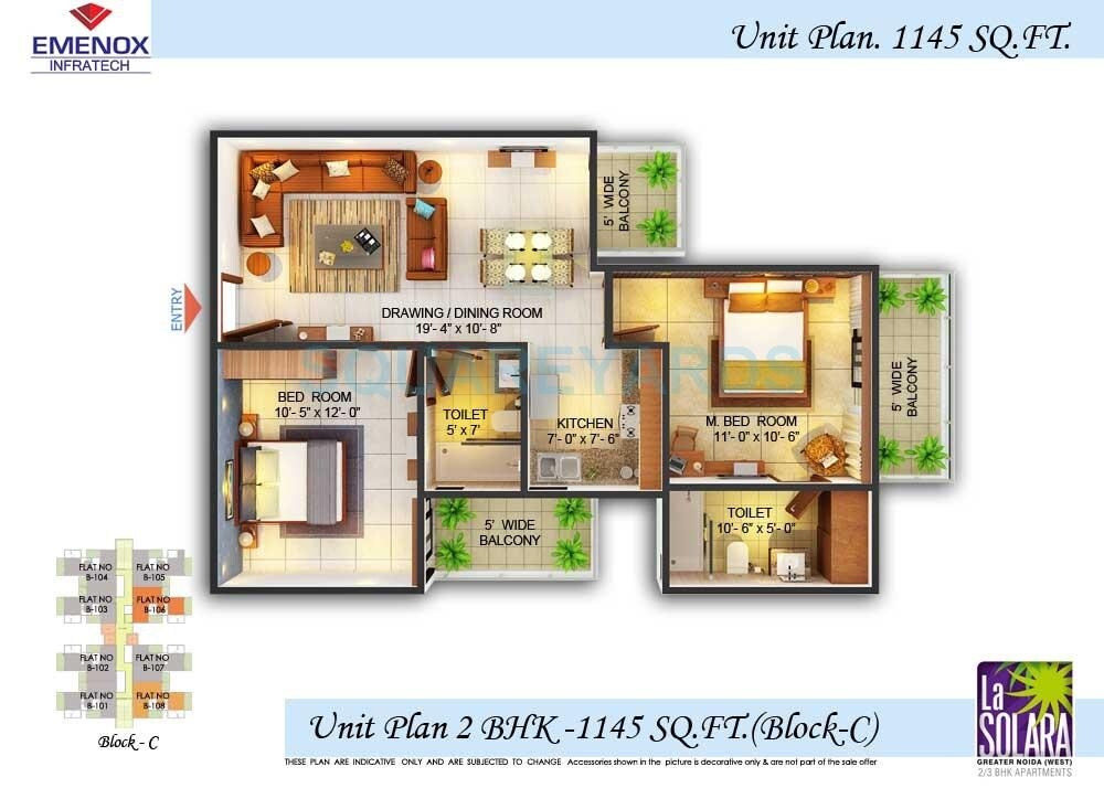 Floor plan of 2 BHK 1145 Sq. Ft. Apartment in Emenox La Solara, Greater Noida