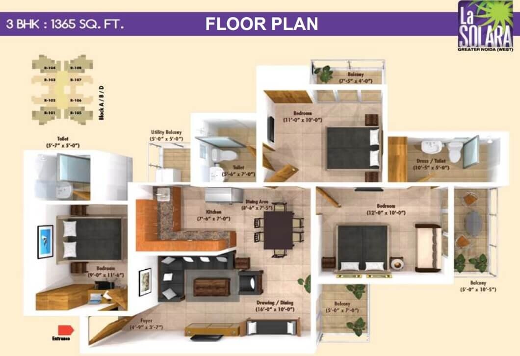 Floor plan of 3 BHK 1365 Sq. Ft. Apartment in Emenox La Solara, Greater Noida