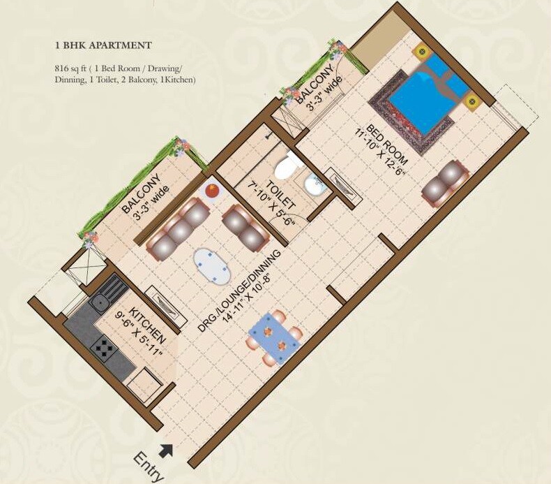 Floor plan of 1 BHK 816 Sq. Ft. Apartment in Empire King And Queen Tower, Greater Noida