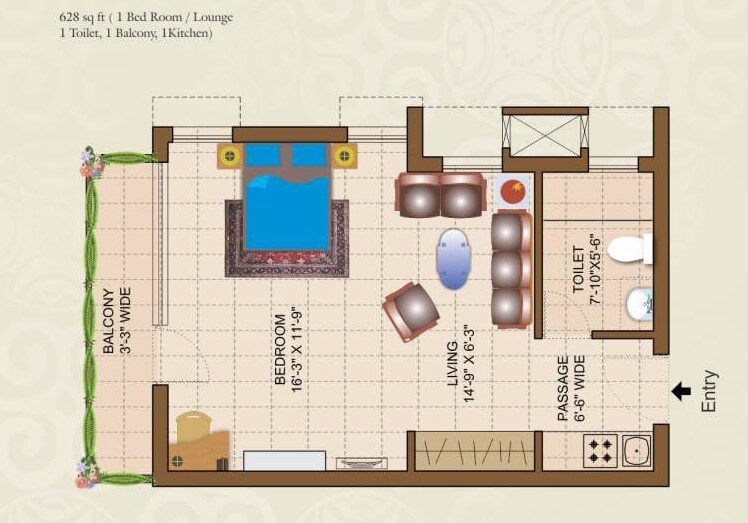 Floor plan of 628 Sq. Ft. Studio in Empire King And Queen Tower, Greater Noida