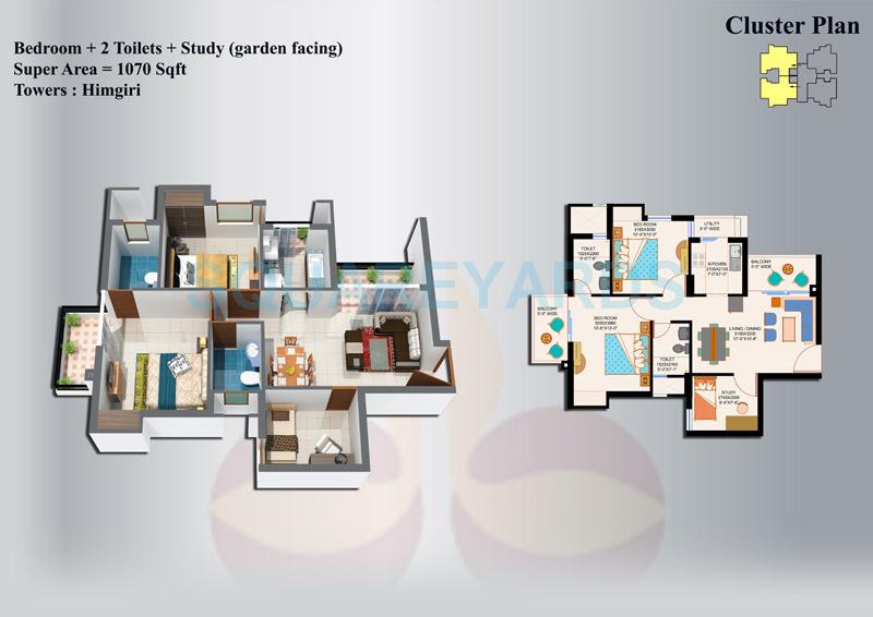 Floor plan of 2 BHK 1070 Sq. Ft. Apartment in Eros Sampoornam, Greater Noida