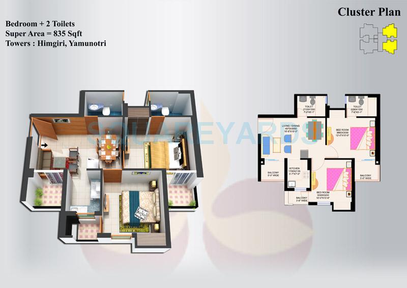 Floor plan of 2 BHK 835 Sq. Ft. Apartment in Eros Sampoornam, Greater Noida