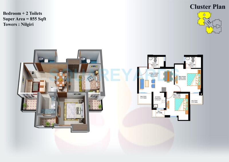Floor plan of 2 BHK 855 Sq. Ft. Apartment in Eros Sampoornam, Greater Noida