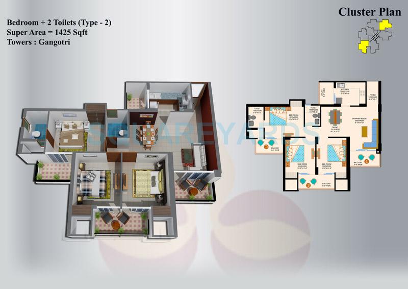 Floor plan of 3 BHK 1425 Sq. Ft. Apartment in Eros Sampoornam, Greater Noida
