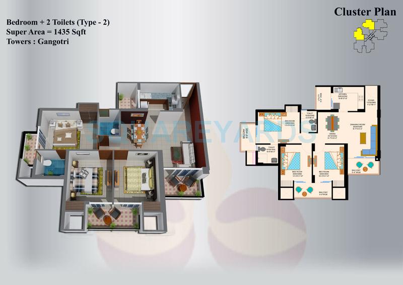 Floor plan of 3 BHK 1435 Sq. Ft. Apartment in Eros Sampoornam, Greater Noida