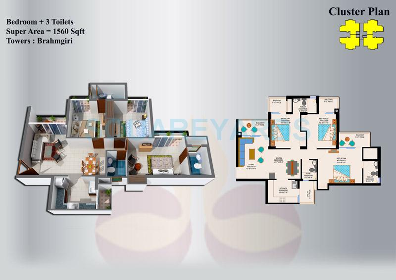 Floor plan of 3 BHK 1560 Sq. Ft. Apartment in Eros Sampoornam, Greater Noida